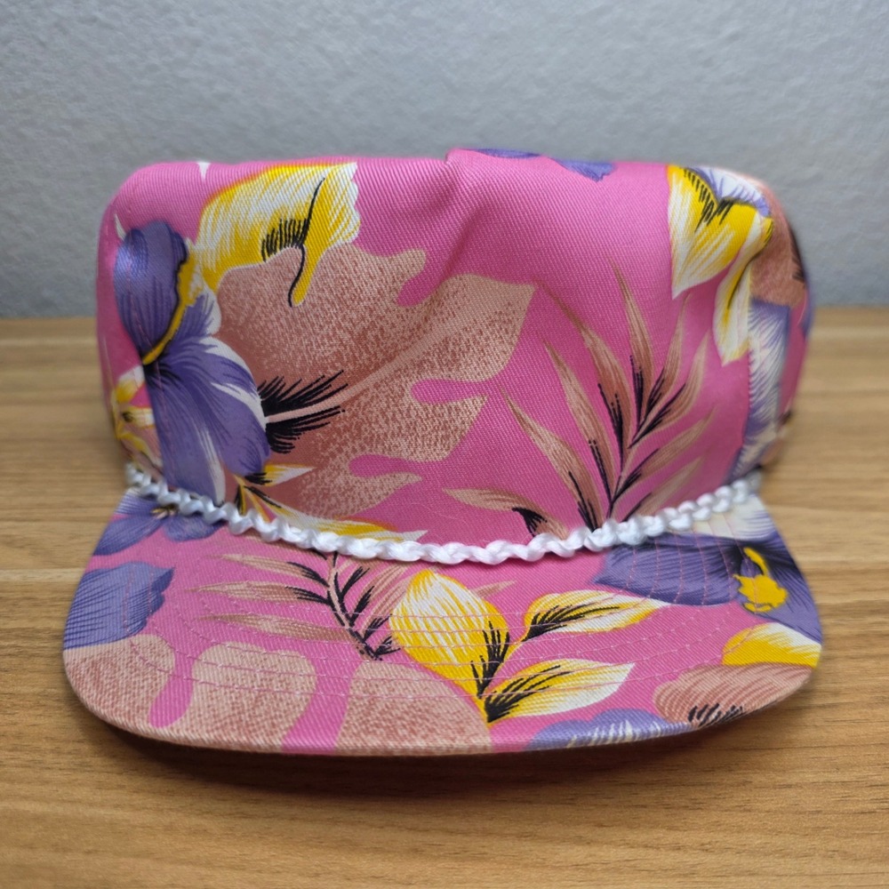 Vintage Floral Snapback Hat Pink Purple Rope Front San Sun Hawaii Tropical Cap